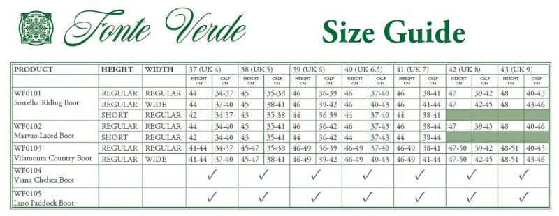 fonte verde size chart 